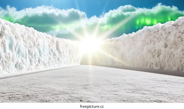 Snowy Road With Bright Sun And Green Aurora Borealis