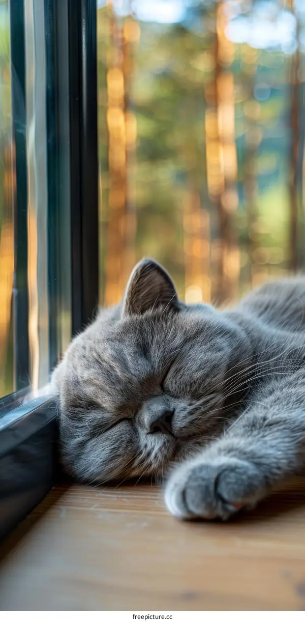 A Gray Cat Napping Soundly on a Wooden Table by a Bright Window