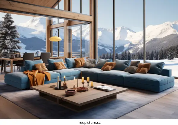 Modern mountain home interior living room with large windows and a view of the snow capped mountains