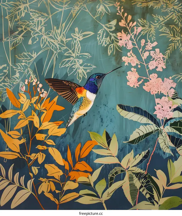 Hummingbird in Flight Amongst Flowers and Leaves
