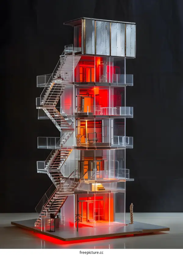 Glass Building Model with Red Lighting