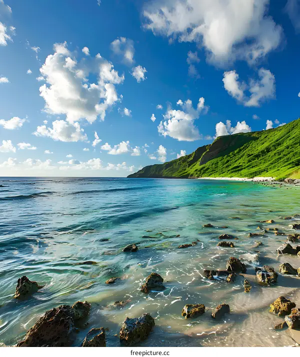 Scenic View of a Calm Ocean with Rocks and Lush Green Hills in the Background