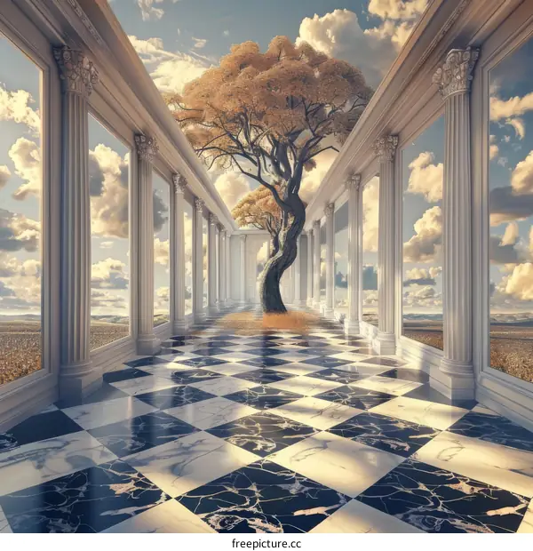 Large Tree in a White Marble Hallway