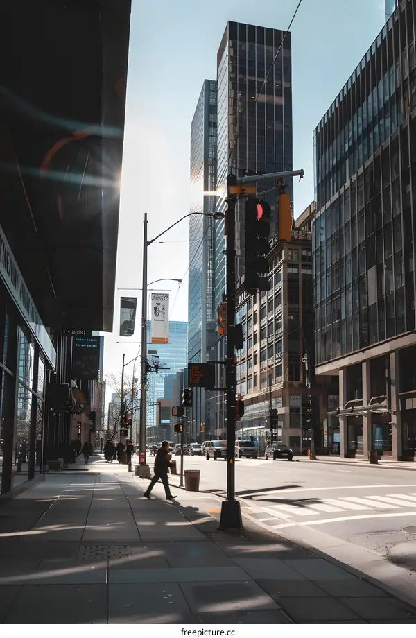City Street View with Tall Buildings and Traffic Lights