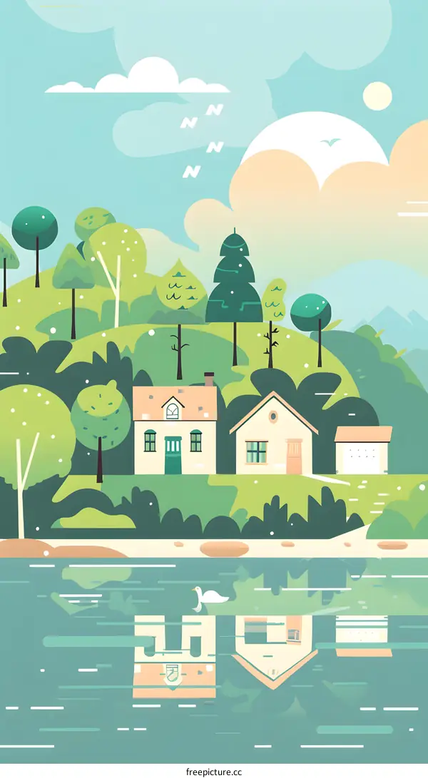 Waterfront Houses with Green Landscape and Blue Sky