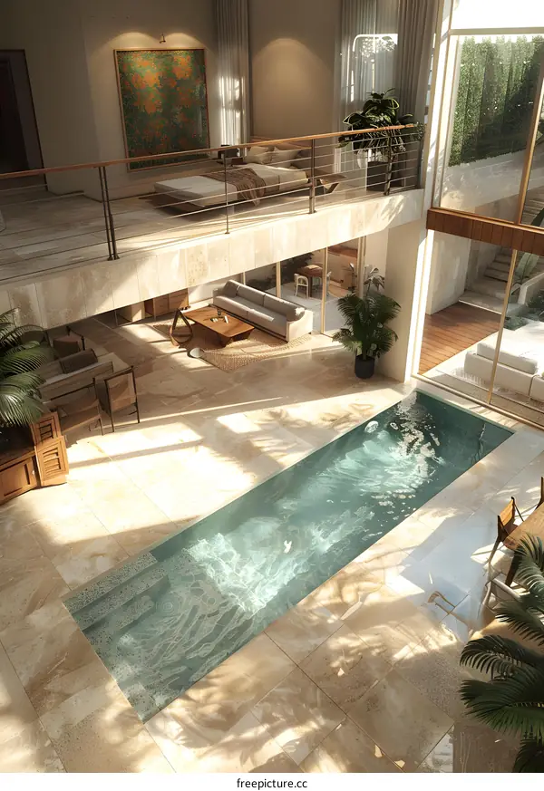 Indoor swimming pool and living room with tropical plants