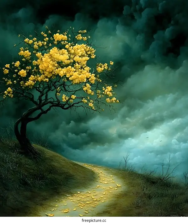 Yellow Flower Tree on a Cloudy Hillside Path
