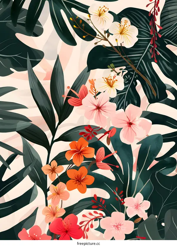 Tropical Floral Pattern with Pink, White, and Orange Flowers