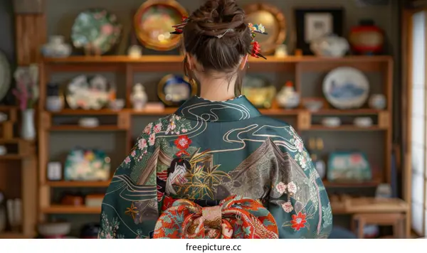 A woman wearing a kimono is looking at a shelf of plates.