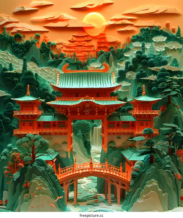 Intricate illustration of a traditional Chinese courtyard with pavilions, bridges and trees