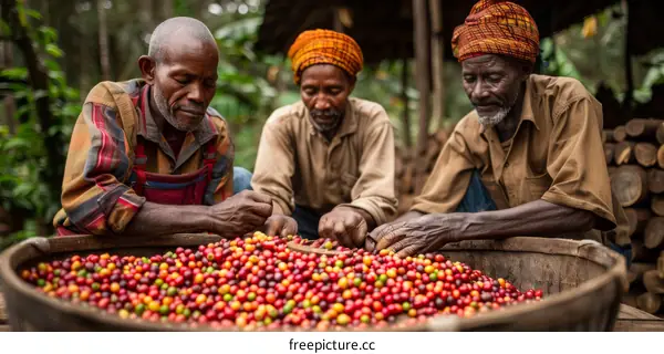 Three African men sort through a large pile of coffee beans