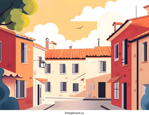 Cartoon Illustration of a European Village Street with Houses