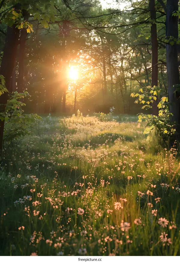 Sunrise Through The Trees In The Forest