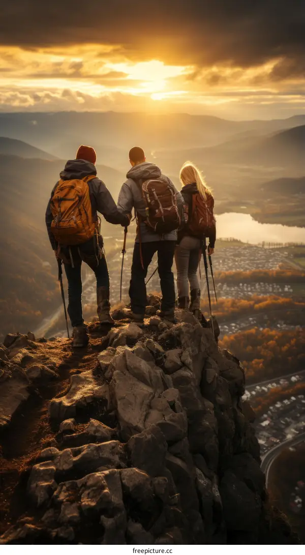 Three hikers standing on a mountaintop overlooking a valley at sunset