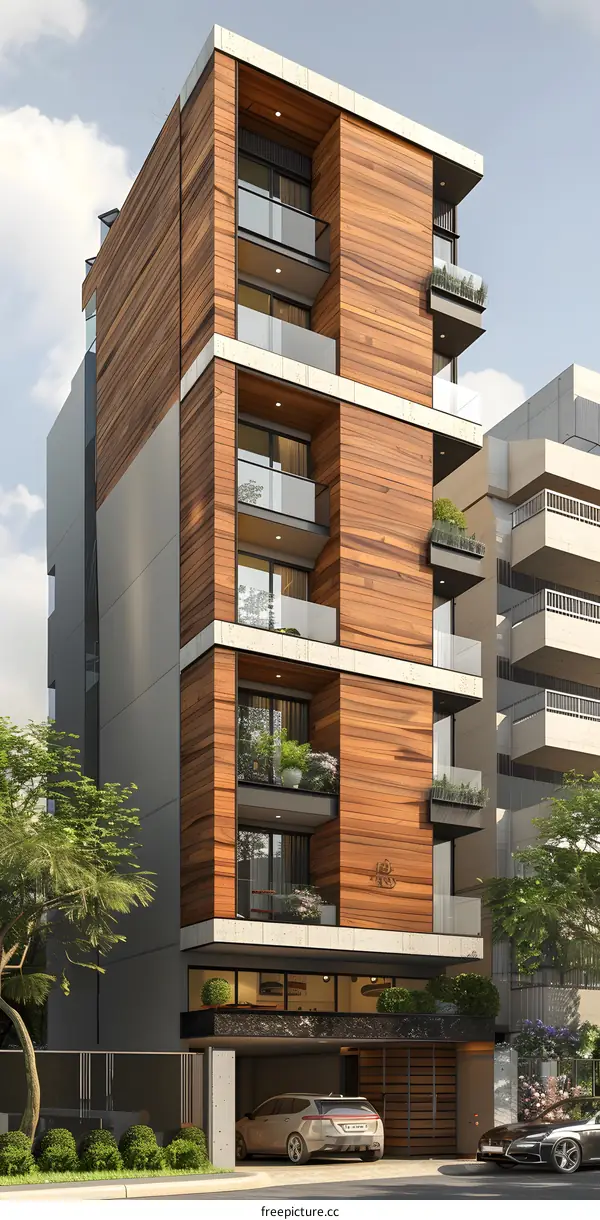 Modern Apartment Building with Wood and Concrete Facade