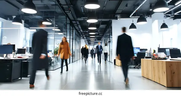 Busy Modern Office Corridor with People Walking