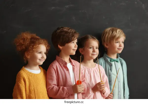 Group of cheerful children standing in front of blackboard holding colorful chalks
