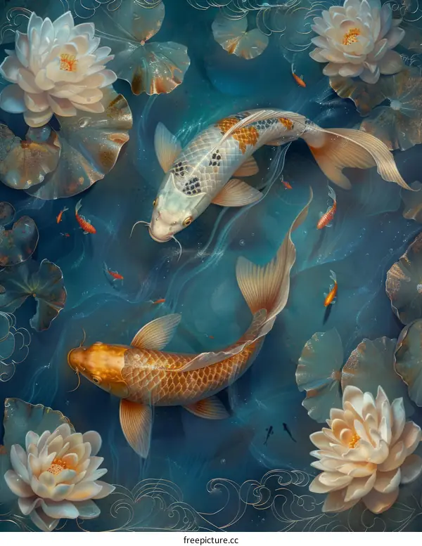 Two koi fish swimming in a pond with water lilies