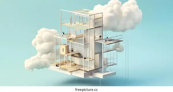 Minimalist Glass House Floating on Clouds