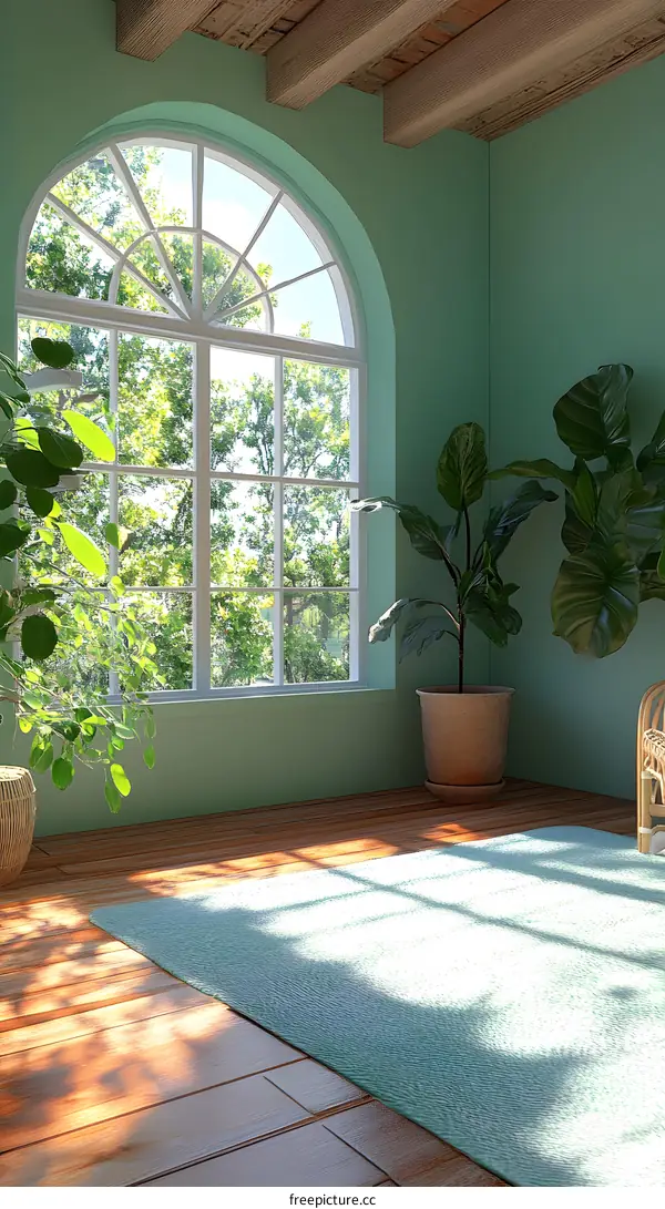 Green Room with Large Arch Window and Wooden Floor