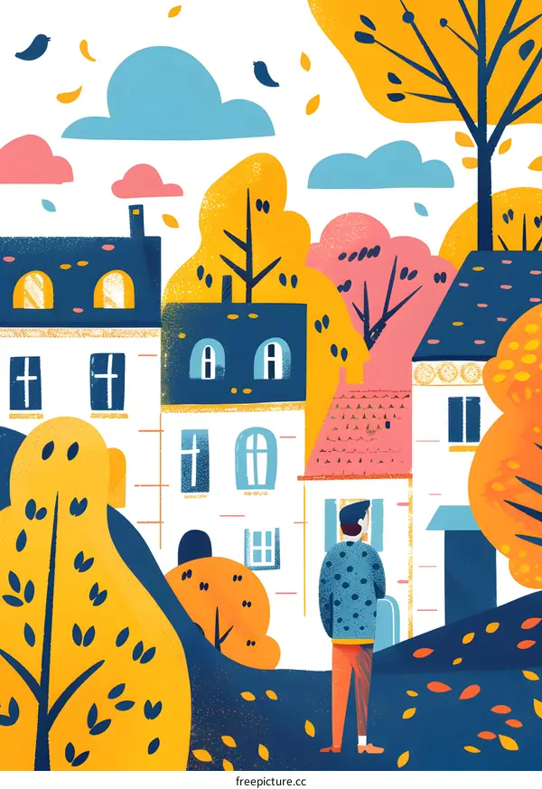 Fall Illustration with Man Standing In Front of a House