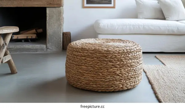Natural Woven Round Pouf in Modern Living Room