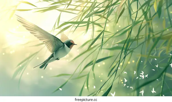 A bird flies through the air with a beautiful green background
