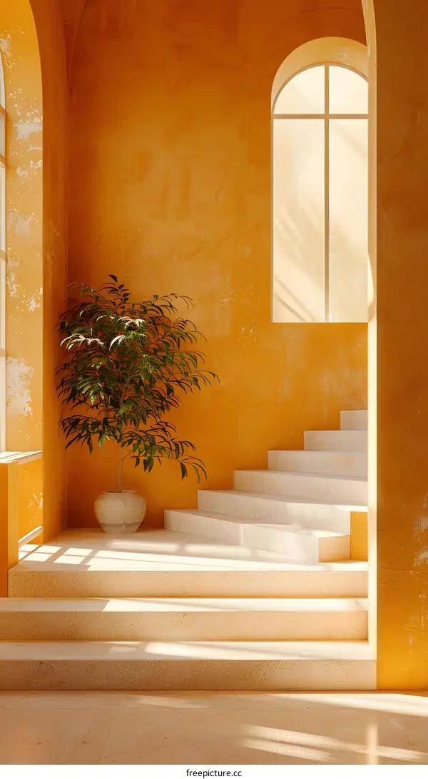 Staircase in a modern building with a large potted plant