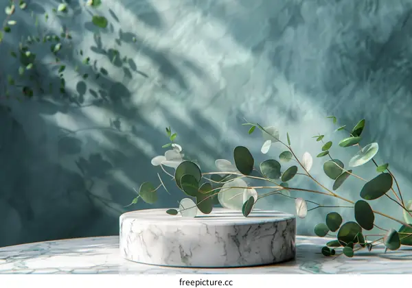 A marble podium with eucalyptus leaves on a green background