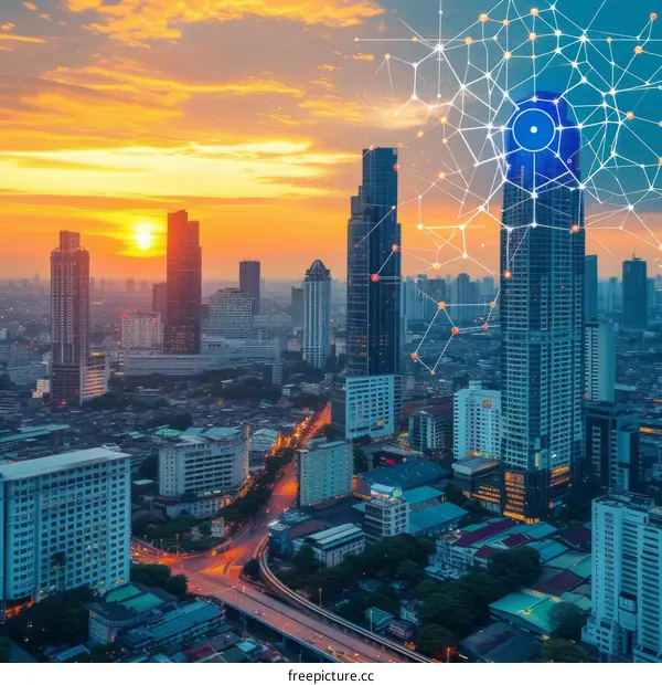 Cityscape with a glowing blue circle in the sky