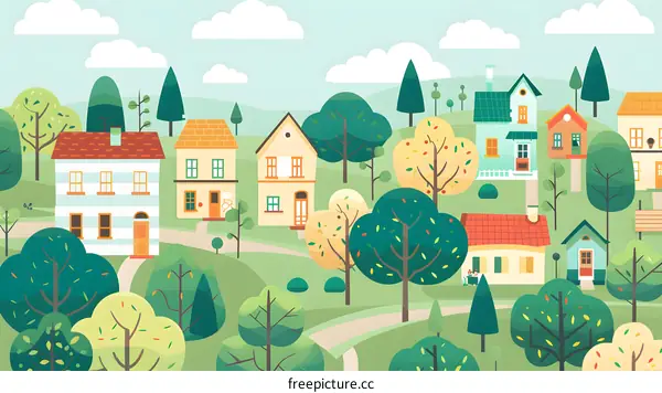 Colorful Illustration of a Small Town with Houses and Trees
