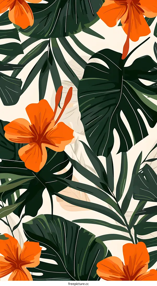 Tropical Floral Pattern with Green Leaves and Orange Flowers