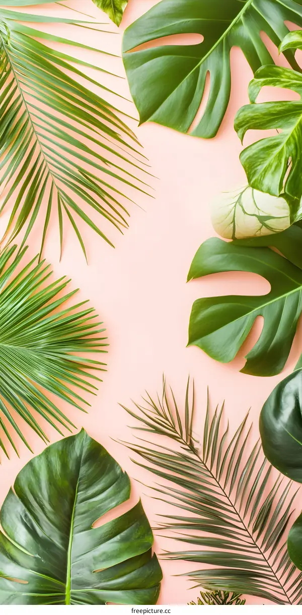 Tropical Leaves Flat Lay on Pink Background