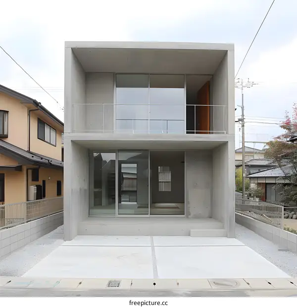 Modern Two Story Concrete House with Large Glass Windows