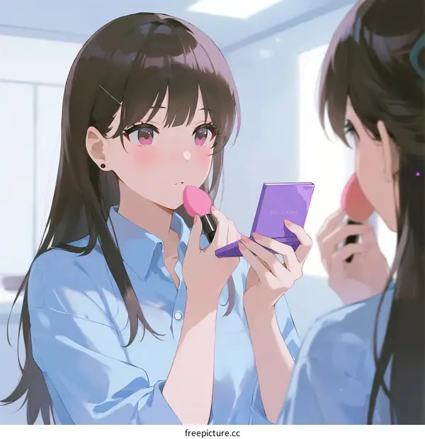 Two young women applying makeup in front of a mirror indoors