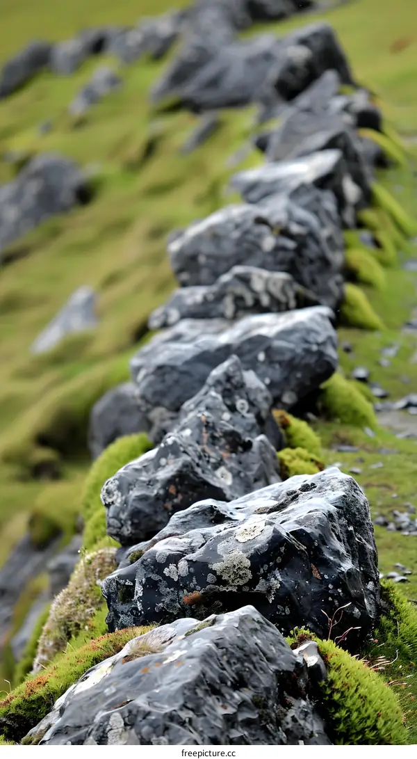 Close Up of a Stone Wall on a Grassy Hill
