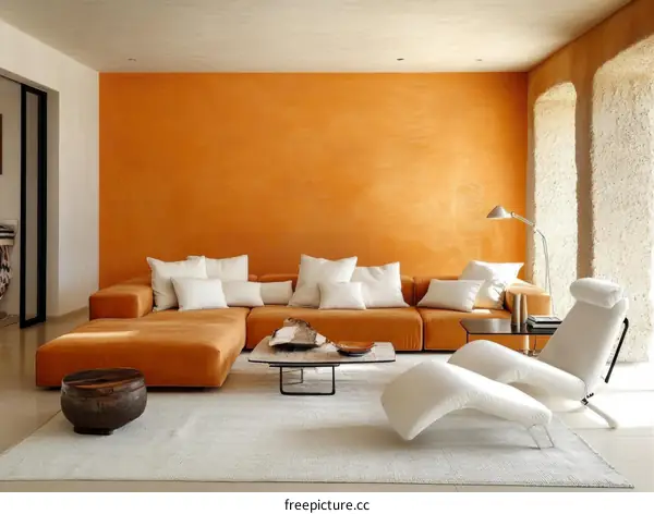 Modern Living Room Interior Design with Orange Accent Wall
