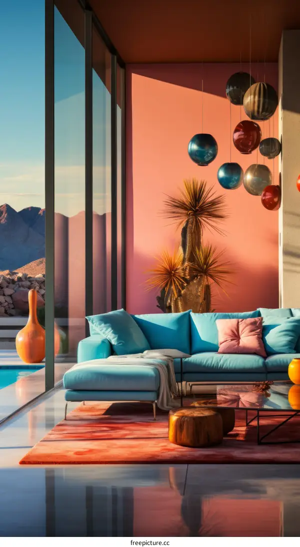 A modern living room with a large glass window looking out onto a desert landscape