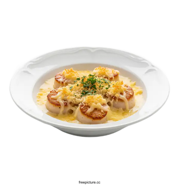 [Transparent Background PNG]Delicious scallops with cheesy sauce served in a white bowl