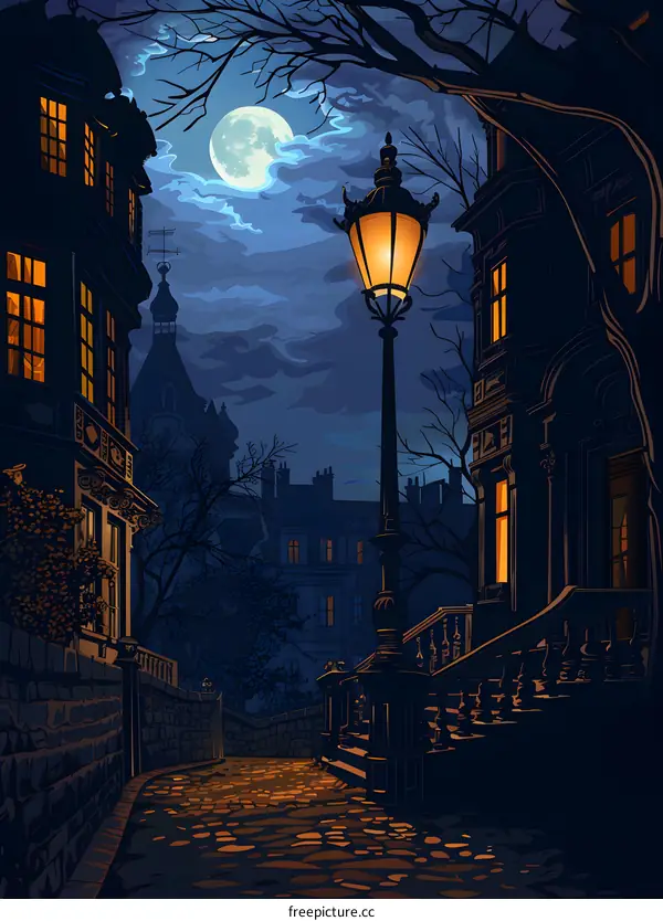 Night Street with Lamp Post and Moon