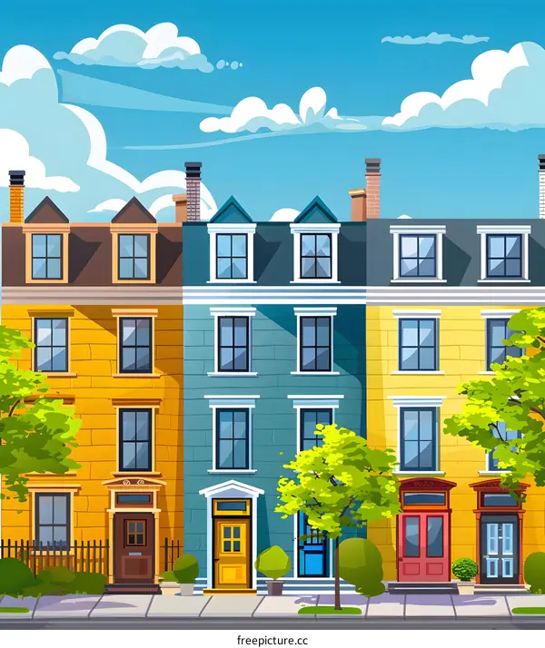 Colorful Townhouses on a Sunny Day Illustration