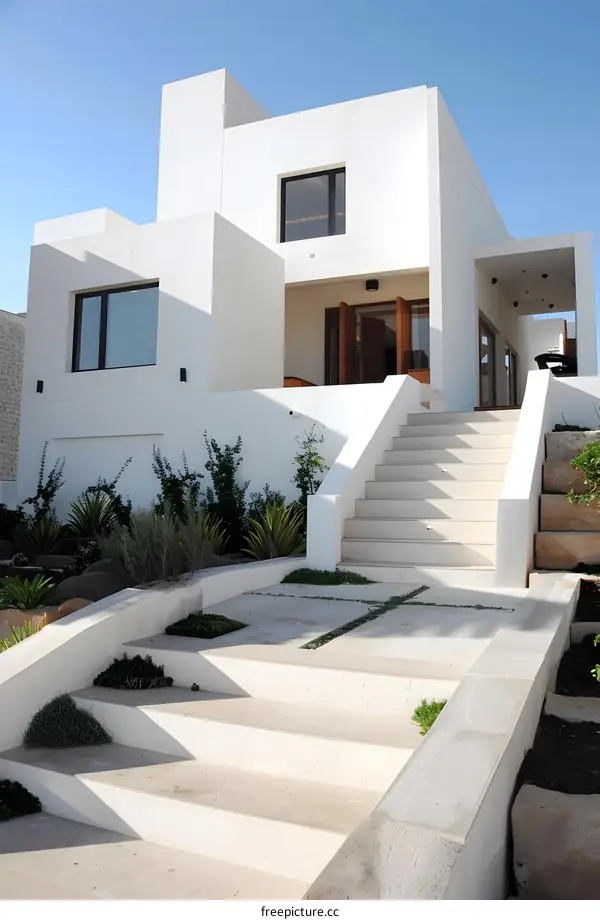 Modern White House with Steps and Garden Landscape