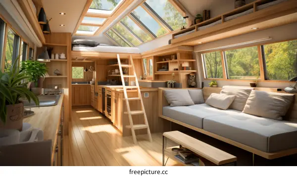 A cozy and modern small house with wooden interior and large windows