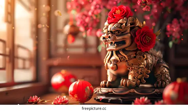 A golden lion statue with red peony flowers on its head and red lanterns beside it. The background is a blurred image of a traditional Chinese courtyard.