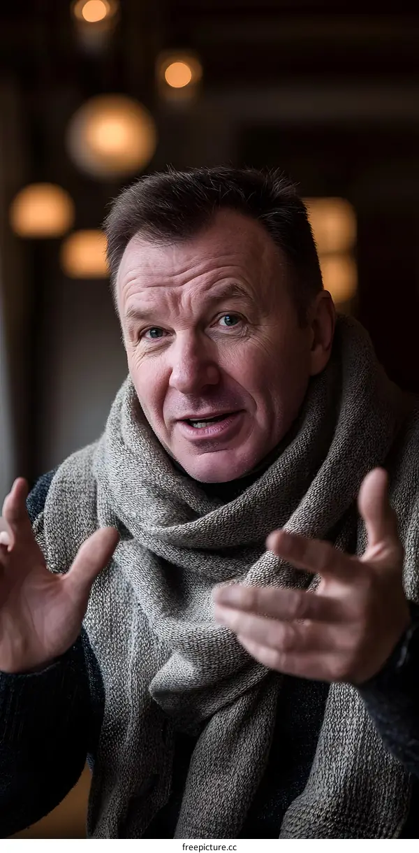 Close up portrait of a man in a grey scarf