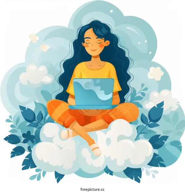 A young woman sits cross-legged on a cloud and uses a laptop