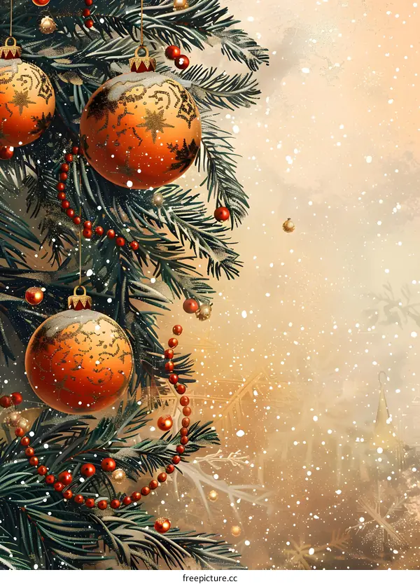 Christmas Tree With Ornaments And Snowflakes