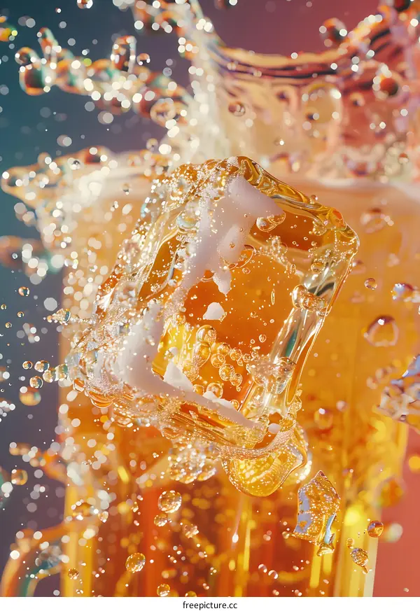 Close Up of Beer Splash with Ice Cube