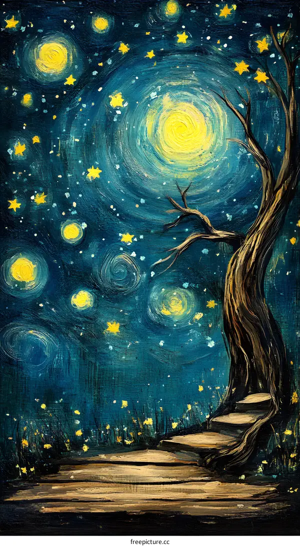 Night Sky Art Painting with Tree and Stars