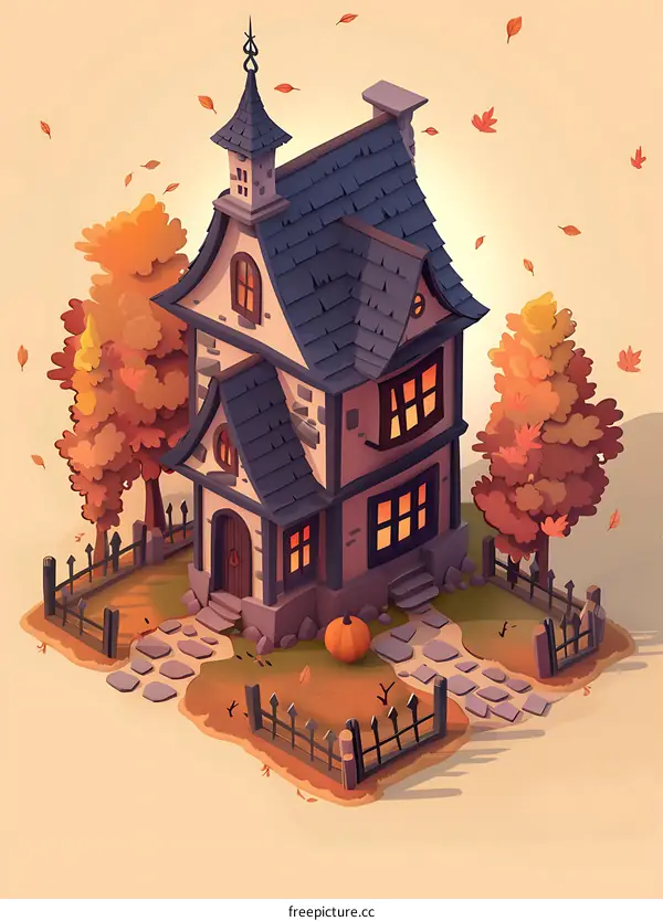 Autumn House With Orange Leaves And A Pumpkin